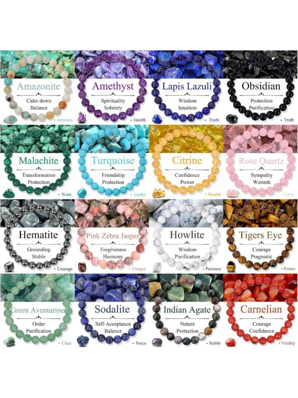 16Pcs Natural Healing Crystal Bracelets for Women & Men | Chakra Energy Jewelry